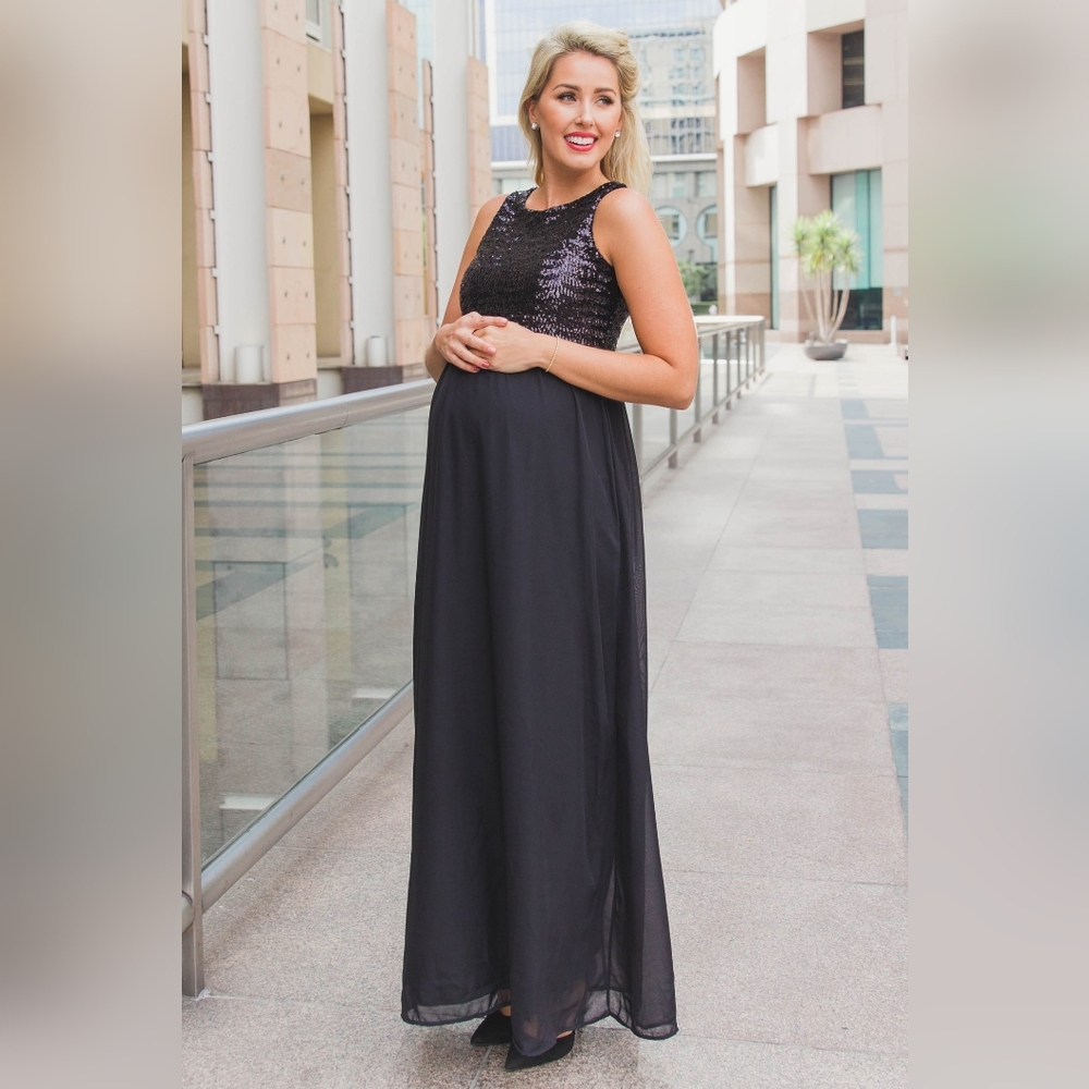 Pinkblush - Black Sequin Top Chiffon Sleeveless Maternity Evening Gown